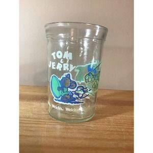 Vintage Welchs 1991 Tom and Jerry Football Jelly Jar Glass Green & Blue